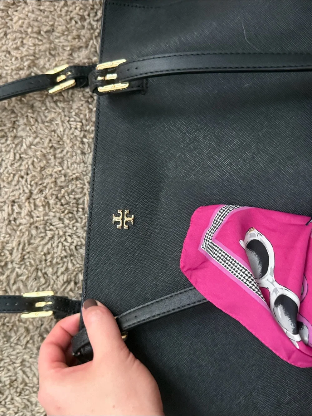 Tory Burch Black Leather Tote with Pink Scarf Accent